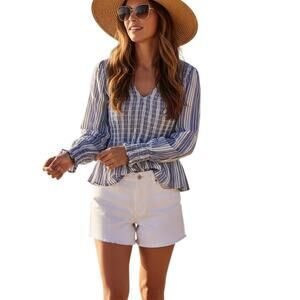 Japna V-Neck Long Sleeve Shirred Bodice Top Blue and White Striped, Size L